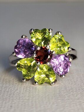 Chunky But Funky! 925 Peridot Amethyst & Garnet Heart Floral Cluster Ring Sz 9